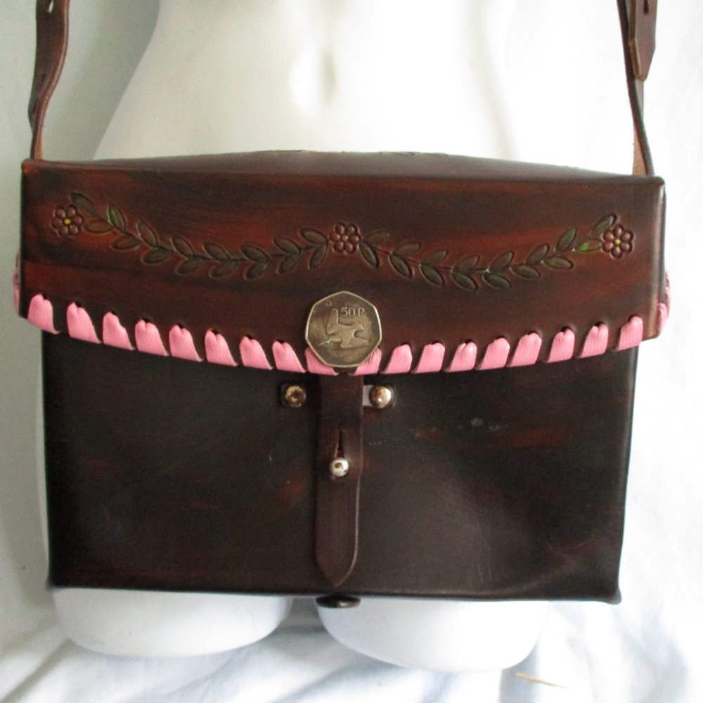 NEW Handmade Tooled LEATHER Shoulder Saddle Flap Bag BROWN Ethnic FLORAL Coin